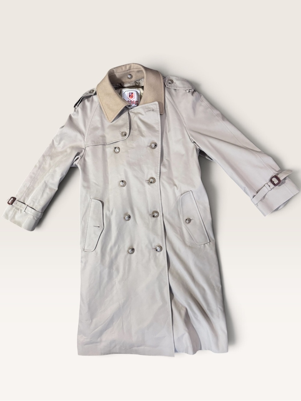 Vintage Baracuta Double Breasted Trench Coat Wool Collar Belted 42 Regular Beige